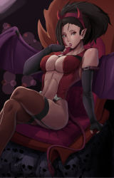 Rule 34 | 1girl, asymmetrical hair, bare shoulders, bat wings, black gloves, black hair, boku no hero academia, breasts, brown eyes, brown thighhighs, chair, cleavage, demon tail, ear piercing, elbow gloves, fake demon horns, fake horns, fingerless gloves, garter straps, gloves, horns, large breasts, looking at viewer, nico-mo, piercing, pointy ears, ponytail, sitting, skull, solo, tail, thighhighs, tongue, tongue out, wings, yaoyorozu momo