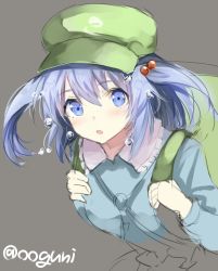 Rule 34 | 1girl, backpack, bag, blue eyes, blue hair, blush, bubble, colorized, grey background, hair bobbles, hair ornament, hat, kawashiro nitori, key, looking at viewer, matching hair/eyes, md5 mismatch, open mouth, partially colored, resized, simple background, sketch, solo, touhou, twintails, twitter username, two side up, wowoguni