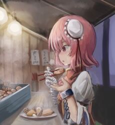 Rule 34 | 1girl, bandaged arm, bandages, blush, breasts, bun cover, chain, chopsticks, commentary request, cuffs, eating, fish cake, food, from side, hair between eyes, hardboiled egg, highres, holding, holding chopsticks, ibaraki kasen, long bangs, medium breasts, menu board, mushroom, oden, open mouth, pink eyes, pink hair, plate, profile, sensi tobikage, shackles, shirt, short hair, short sleeves, solo, steam, touhou, upper body, white shirt