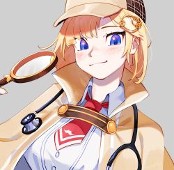Rule 34 | 1girl, blonde hair, blue eyes, blush, brown capelet, brown hat, capelet, collared shirt, commentary, deerstalker, detective, gears, grey background, hair ornament, hat, holding, holding magnifying glass, hololive, hololive english, looking at viewer, magnifying glass, mustache print, necktie, print necktie, print neckwear, red necktie, shirt, short hair, simple background, smile, solo, stethoscope, upper body, virtual youtuber, watson amelia, watson amelia (1st costume), white shirt, zambiie