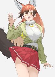 Rule 34 | 1girl, :d, animal ear fluff, animal ears, belt, black hair, breasts, commentary, cowboy shot, extra ears, fox ears, fox girl, fox tail, fur collar, gradient hair, green jacket, grey background, hair between eyes, highres, jacket, kemono friends, long hair, long sleeves, looking at viewer, medium breasts, multicolored hair, open clothes, open jacket, open mouth, orange eyes, orange hair, pleated skirt, red fox (kemono friends), red skirt, shirt, simple background, skirt, sleeveless, sleeveless shirt, smile, solo, studded belt, tail, tanabe (fueisei), white shirt