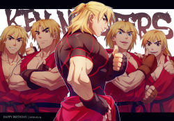 Rule 34 | 1boy, age progression, black shirt, blonde hair, crossed arms, dougi, forked eyebrows, headband, ken masters, looking at viewer, pectoral cleavage, male focus, mature male, medium hair, muscular, muscular male, aged up, pectorals, red shirt, shirt, short hair, sleeveless, sleeveless shirt, street fighter, taut clothes, taut shirt, thick eyebrows, thumbs up, torn clothes, torn shirt, yuiofire