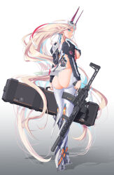Rule 34 | 1girl, absurdres, ass, ass cutout, assault rifle, assless bodysuit, back, backless outfit, blonde hair, breasts, clothing cutout, elf, gradient background, green eyes, gun, high heels, highres, holding, holding case, holding gun, holding weapon, horns, large breasts, long hair, long sleeves, looking at viewer, looking back, mecha, mecha musume, mechanical horns, nenchi, original, pointy ears, puffy sleeves, revealing clothes, rifle, robot, shrug (clothing), sideboob, simple background, solo, standing, suppressor, underboob, underboob cutout, very long hair, weapon, weapon case