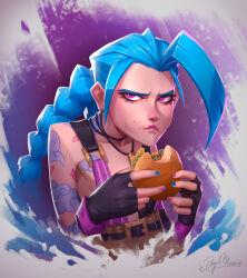 Rule 34 | 1girl, absurdres, angelmoonlight, arm tattoo, artist name, bare shoulders, black gloves, burger, eating, fingerless gloves, food, gloves, green hair, green nails, highres, holding, holding food, jinx (league of legends), league of legends, long hair, multi-tied hair, nail polish, pink eyes, red nails, solo, tattoo, twintails, upper body