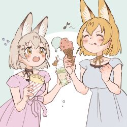 0nanaten 2girls :o :p ^_^ alternate_costume animal_ear_fluff animal_ears bare_arms blonde_hair blush breasts clenched_hand closed_eyes commentary crepe double_scoop dress dropping extra_ears flying_sweatdrops food grey_background grey_hair hair_between_eyes ice_cream ice_cream_cone kemono_friends looking_at_another medium_breasts multiple_girls musical_note neck_ribbon open_mouth pink_dress ribbon serval_(kemono_friends) short_hair short_sleeves simple_background smile tongue tongue_out white_dress white_serval_(kemono_friends) yellow_eyes yellow_ribbon
