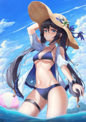 Rule 34 | 1girl, absurdres, ball, beachball, bikini, black hair, blue bikini, blue sky, breasts, cleavage, genshin impact, green eyes, highres, long hair, looking at viewer, mona (genshin impact), partially submerged, sky, slime nyang, small breasts, solo, swimsuit, thigh strap, twintails