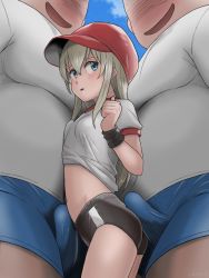 Rule 34 | 1girl, 2boys, ass, baseball cap, black buruma, blonde hair, blue eyes, blue shorts, blush, boy sandwich, breast press, breasts, bulge, buruma, buttjob, buttjob over clothes, clothes lift, day, erection, erection under clothes, gym uniform, hair between eyes, hat, height difference, imminent rape, multiple boys, navel, nose blush, open mouth, original, plus step, puffy short sleeves, puffy sleeves, red headwear, sandwiched, shirt, shirt lift, short sleeves, shorts, small breasts, smile, solo focus, stomach, tears, thighs, white hair, white shirt