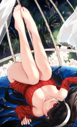Rule 34 | 1girl, bare legs, bare shoulders, barefoot, black hair, blush, breasts, cleavage, closed mouth, feet up, flower, hairband, highres, large breasts, long hair, looking at viewer, lying, nekoda (maoda), off shoulder, on back, red eyes, red sweater, spy x family, sweater, thighs, upside-down, white hairband, yor briar