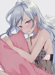 Rule 34 | 1girl, bare shoulders, blue eyes, blush, bra, breasts, cleavage, highres, lingerie, long hair, looking at viewer, medium breasts, hugging object, original, parted lips, pillow, pillow hug, see-through, silver hair, smile, solo, underwear, uni (melm)