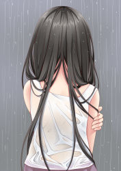 Rule 34 | 1girl, back, bare shoulders, black hair, creek (moon-sky), from behind, highres, long hair, nape, original, rain, see-through, solo, wet, wet clothes