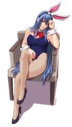 Rule 34 | 1girl, :3, absurdres, alternate costume, animal ears, armchair, artist name, black footwear, black hairband, blue hair, blue leotard, blue shirt, breasts, chair, cleavage, commentary, commission, crossed legs, english commentary, fishnet pantyhose, fishnets, food, fruit, hairband, hand on own forehead, high heels, highres, hinanawi tenshi, holding, holding food, holding fruit, large breasts, leotard, lips, long hair, looking at viewer, necktie, pantyhose, playboy bunny, rabbit ears, red eyes, shadow, shirt, simple background, sitting, solo, touhou, ultragruntyy, variant set, very long hair, white background, wrist cuffs