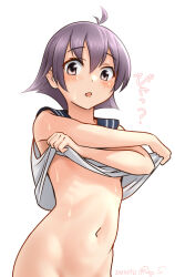 Rule 34 | 1girl, black sailor collar, blue sky, brown eyes, cloud, commentary request, dated, day, flat chest, kantai collection, navel, outdoors, purple hair, ray.s, sailor collar, sakawa (kancolle), shirt, short hair, simple background, sky, sleeveless, sleeveless shirt, solo, sweat, twitter username, white background