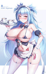 Rule 34 | 1girl, 2023, absurdres, alternate breast size, aperture, apron, areola slip, azur lane, blue hair, breasts, character name, condom, condom wrapper, contrapposto, covered erect nipples, cowboy shot, frilled apron, frills, garter straps, highres, holding, holding condom, holding tray, huge breasts, long hair, looking at viewer, maid, microskirt, midriff, navel, neptune (azur lane), royal navy emblem (azur lane), simple background, skirt, solo, standing, string bra, thighhighs, tray, very long hair, white apron, white garter straps, white thighhighs, wrist cuffs, yellow eyes