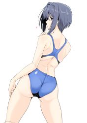 Rule 34 | 1girl, absurdres, ass, blue hair, character request, competition swimsuit, copyright request, from behind, halcon, heart, highres, jewelry, looking at viewer, mole, mole under eye, one-piece swimsuit, purple eyes, ring, short hair, shoulder blades, solo, swimsuit, thighs, white background
