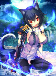 Rule 34 | 1girl, :p, animal ears, bad id, bad pixiv id, black hair, black thighhighs, blush, breasts, chain, fangs, fenrir (ransei no kemono collection), forest, full moon, gloves, gun, highres, large breasts, looking at viewer, moon, nature, night, night sky, panties, ransei no kemono collection, red eyes, rifle, see-through, short hair, sitting, sky, smile, solo, tail, thighhighs, tongue, tongue out, underwear, weapon, wolf ears, wolf tail, yamacchi, yokozuwari
