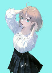 Rule 34 | 1girl, ahoge, aqua eyes, arm behind head, arm up, black skirt, blue background, breasts, brown hair, cat hair ornament, center frills, closed mouth, collarbone, collared shirt, commentary request, frills, hair between eyes, hair ornament, hair tie, hair tie in mouth, hairclip, hand up, highres, linfi-muu, long sleeves, mouth hold, original, plaid, plaid skirt, pleated skirt, puffy long sleeves, puffy sleeves, shirt, skirt, small breasts, solo, sweat, white shirt