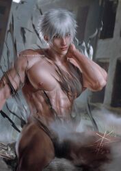 Rule 34 | 1boy, abs, blue eyes, covered penis, cowboy shot, feet out of frame, gojou satoru, hand on own neck, highres, jujutsu kaisen, looking at viewer, male focus, muscular, muscular male, nipple piercing, patreon logo, patreon username, pectorals, piercing, short hair, signature, solo, steam, tearing clothes, torn clothes, white hair, xteve abanto