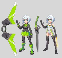 Rule 34 | 1girl, armored boots, bare shoulders, black jacket, black sleeves, blazer, blunt bangs, bob cut, boots, bow, bow (weapon), bowtie, clenched hand, closed mouth, collared jacket, commentary, determined, english commentary, eyelashes, full body, green bow, green bowtie, green eyes, green footwear, grey background, highres, huge weapon, jacket, lapels, leotard, light frown, long sleeves, mechanical arms, mechanical legs, notched lapels, original, short hair, simple background, standing, suzuhara kenji, sword, variations, weapon, white hair, white leotard