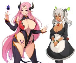 Rule 34 | 2girls, :d, :q, apron, bare shoulders, black legwear, bodysuit, bow, bracelet, breasts, brooch, center opening, cleavage, cleavage cutout, clothing cutout, cowboy shot, curvy, dark-skinned female, dark skin, demon, demon girl, demon horns, demon tail, detached collar, detached sleeves, facial mark, fingernails, floating, floating object, forehead mark, frills, gem, grey hair, groin, hair ornament, half-closed eyes, halterneck, hand up, highleg, highleg leotard, highres, hip focus, horns, huge breasts, jewelry, lace, large breasts, leotard, long fingernails, long hair, long pointy ears, looking at viewer, maid, maid apron, maid headdress, multiple girls, nail polish, naughty face, necktie, open mouth, orange eyes, own hands together, pantyhose, partially visible vulva, pink hair, pointy ears, pubic tattoo, purple eyes, ribbed legwear, ribbed leotard, ribbon, rozario (akai rosario), sidelocks, simple background, smile, standing, tail, tattoo, thighhighs, thighs, tongue, tongue out, turtleneck, twintails, unzipped, very long hair, wide hips, zipper