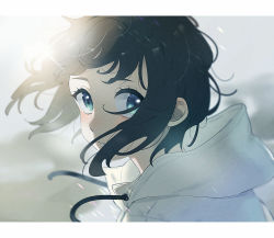 Rule 34 | 1girl, absurdres, aqua eyes, black hair, commentary request, highres, hood, hood down, hooded jacket, jacket, letterboxed, looking at viewer, looking back, original, parted lips, portrait, short hair, solo, unapoppo, white jacket