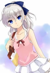 Rule 34 | 10s, 1girl, asami yuriko, bag, blue eyes, casual, charlotte (anime), frilled skirt, frills, gradient background, long hair, ponytail, silver hair, skirt, solo, tomori nao