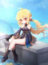 Rule 34 | 1girl, absurdres, bare shoulders, black dress, black footwear, black headwear, black sleeves, blonde hair, blue dress, blush, boots, breasts, character request, closed mouth, commentary request, detached sleeves, dress, dungeon and fighter, full body, hair between eyes, highres, hwaryeok, korean commentary, long sleeves, looking at viewer, low twintails, medium breasts, pointy ears, red eyes, side slit, sitting, solo, twintails, two-tone dress, unworn headwear
