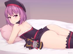 Rule 34 | 1girl, ass, automaton (object), bare shoulders, black hat, black panties, black thighhighs, breasts, closed mouth, colonel olcott (fate), detached collar, doll, dress, fate/grand order, fate (series), hat, helena blavatsky (fate), kuavera, looking at viewer, lying, on stomach, panties, pillow, purple eyes, purple hair, short hair, small breasts, smile, solo, strapless, strapless dress, thighhighs, underwear