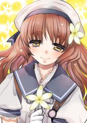 Rule 34 | 1girl, absurdres, blue sailor collar, blush, brown hair, flower, hair flower, hair ornament, hat, highres, holding, holding flower, kagesaki yuna, kantai collection, long hair, sailor collar, short sleeves, simple background, smile, solo, thick eyebrows, two-tone background, white hat, yashiro (kancolle), yellow eyes, yellow flower