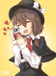 Rule 34 | 1girl, bow, brown hair, can, capelet, dress, closed eyes, fuente, hair bow, hat, heart, highres, md5 mismatch, open mouth, resized, short hair, skirt, smile, solo, touhou, usami renko