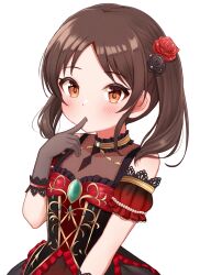 Rule 34 | 1girl, alternate hairstyle, black gloves, blush, brown eyes, brown hair, commentary request, daysss, detached sleeves, dress, finger to mouth, flat chest, flower, frilled dress, frills, gloves, gold trim, hair flower, hair ornament, hand up, highres, idolmaster, idolmaster cinderella girls, lace, lace-trimmed gloves, lace-trimmed sleeves, lace trim, long hair, looking at viewer, red dress, sidelocks, solo, tachibana arisu, twintails, upper body, white background