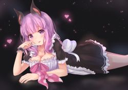 Rule 34 | 1girl, nanashi inc., :p, absurdres, animal ears, animare, apron, bad id, bad pixiv id, bat ears, black background, black shirt, black skirt, blunt bangs, blush, bow, bowtie, breasts, cleavage, collarbone, commentary request, frilled apron, frilled skirt, frills, heart, highres, large breasts, light particles, long hair, looking at viewer, lying, maid, maid apron, maka neko, miniskirt, on stomach, pink bow, pink bowtie, pink hair, pink ribbon, puffy short sleeves, puffy sleeves, purple eyes, ribbon, shirt, short sleeves, sidelocks, simple background, skirt, solo, thighs, tongue, tongue out, umori hinako, virtual youtuber, white apron, white bow, wrist cuffs
