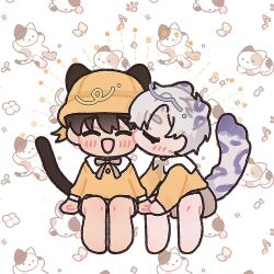 Rule 34 | 2boys, animal background, animal print, black tail, blush, bow, bowtie, cat boy, cat print, cat tail, chibi, closed eyes, ctrl scv, fish background, full body, grey shorts, ilay riegrow, jeong taeui, kiss, kissing cheek, leopard tail, male focus, multiple boys, musical note background, open mouth, passion (manhwa), paw print, paw print background, shirt, shorts, smile, tail, white background, white hair, yaoi, yellow headwear, yellow shirt