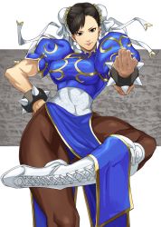 Rule 34 | 1girl, absurdres, black hair, blue dress, boots, bracelet, breasts, brown eyes, brown pantyhose, bun cover, capcom, china dress, chinese clothes, chun-li, closed mouth, cross-laced footwear, double bun, dress, earrings, eyeliner, fingernails, hair bun, hand on own hip, highres, jewelry, knee boots, lace-up boots, large breasts, leg up, lips, looking at viewer, makeup, mandarin collar, pantyhose, pelvic curtain, pink lips, pretty-purin720, puffy short sleeves, puffy sleeves, red eyeliner, short hair, short sleeves, side slit, solo, spiked bracelet, spikes, street fighter, white footwear