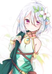 Rule 34 | 1girl, antenna hair, baram, bare shoulders, breasts, bridal gauntlets, closed mouth, commentary request, detached sleeves, dress, floral background, flower, green dress, green sleeves, hair between eyes, hair flower, hair ornament, hand up, highres, kokkoro (princess connect!), long sleeves, looking at viewer, pointy ears, princess connect!, puffy long sleeves, puffy sleeves, red eyes, see-through, see-through sleeves, silver hair, simple background, sketch, sleeveless, sleeveless dress, small breasts, smile, solo, split mouth, white background, white flower