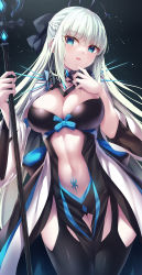 Rule 34 | 1girl, absurdres, black bow, black dress, black footwear, blue eyes, boots, bow, braid, breasts, center opening, cleavage, dress, fate/grand order, fate (series), french braid, grey hair, hair bow, highres, large breasts, long hair, long sleeves, looking at viewer, morgan le fay (fate), nano (syoutamho), pelvic curtain, ponytail, sidelocks, solo, thigh boots, thighhighs, thighs, two-tone dress, very long hair, white dress, wide sleeves