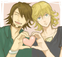 Rule 34 | 10s, 2boys, aqua eyes, bad id, bad pixiv id, barnaby brooks jr., blonde hair, blue eyes, brown hair, cabbie hat, closed eyes, facial hair, glasses, hat, heart, heart hands, heart hands duo, jewelry, kaburagi t. kotetsu, male focus, multiple boys, necklace, open mouth, sashimi555, short hair, stubble, tiger &amp; bunny, upper body