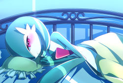 Rule 34 | 1girl, artist name, blush, bob cut, closed mouth, colored skin, creatures (company), female focus, flat chest, game freak, gardevoir, gen 3 pokemon, green hair, green skin, hair over one eye, half-closed eyes, hands up, happy, highres, indoors, looking at viewer, lying, multicolored skin, nintendo, on bed, on side, one eye covered, pillow, pokemon, pokemon (creature), reaching, reaching towards viewer, red eyes, short hair, signature, smile, solo, tsukkon, twitter username, two-tone skin, under covers, white skin