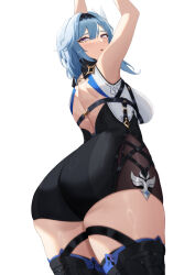 Rule 34 | 1girl, absurdres, arms up, ass, back, backless outfit, bare shoulders, black hairband, black leotard, black thighhighs, blue hair, blush, breasts, eula (genshin impact), genshin impact, hair ornament, hairband, highres, large breasts, leotard, looking at viewer, looking back, medium hair, parted lips, purple eyes, sidelocks, sleeveless, solo, thick thighs, thighhighs, thighs, underbust, white background, xiiinaam 98
