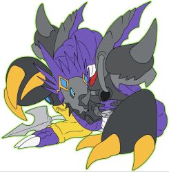 Rule 34 | arresterdramon, claws, digimon, digimon (creature), fusion, highres, horns, metaltyranomon, simple background, tail, white background, xros up arresterdramon (metaltyranomon)