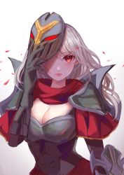 Rule 34 | 1girl, absurdres, alternate hairstyle, armor, bad id, bad pixiv id, blush, breasts, cleavage, gender request, genderswap, hair between eyes, highres, large breasts, league of legends, long hair, looking at viewer, mask, meowlian, open mouth, petals, ponytail, red eyes, rose petals, scarf, simple background, white background, white hair, zed (league of legends)