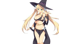 Rule 34 | 1girl, blonde hair, blush, breasts, cleavage, evenicle, female focus, game cg, green eyes, groin, hat, large breasts, legs, long hair, looking at viewer, navel, simple background, smile, solo, standing, thighs, twintails, witch hat, yaegashi nan