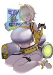 Rule 34 | 1girl, :d, absurdres, ahoge, black gloves, blonde hair, blush, breasts, chibi, chibi inset, clothing cutout, controller, crop top, crop top overhang, cropped sweater, elegg (nikke), exposed pocket, game controller, gloves, goddess of victory: nikke, grey shorts, hair intakes, hair over eyes, harunobu 5238, highres, holding, holding controller, holding game controller, large breasts, long bangs, long sleeves, multicolored clothes, multicolored gloves, multicolored hair, navel, open mouth, plump, short hair, short shorts, shorts, shoulder cutout, simple background, sitting, smile, solo, suspender shorts, suspenders, thigh strap, thighs, two-tone hair, white background, yellow gloves