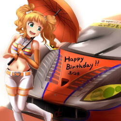 Rule 34 | 1girl, blue eyes, boots, breasts, brown hair, car, cleavage cutout, clothing cutout, gloves, heart cutout, holding, holding umbrella, idolmaster, idolmaster (classic), leaning to the side, lotus (brand), lotus evora, midriff, motor vehicle, navel, open mouth, panties, race queen, race vehicle, racecar, shorts, small breasts, smile, solo, star (symbol), super gt, takatsuki yayoi, thigh boots, twintails, umbrella, underwear, white footwear, white shorts, yanparap