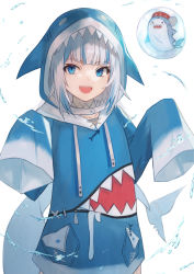 Rule 34 | 1girl, absurdres, animal hood, bloop (gawr gura), blue eyes, blue hair, blue hoodie, bubble, commentary, cowboy shot, english commentary, fangs, flat chest, gawr gura, gawr gura (1st costume), highres, hololive, hololive english, hood, hoodie, looking at viewer, medium hair, multicolored hair, open mouth, shark hood, sharp teeth, silver hair, simple background, sleeves past fingers, sleeves past wrists, smile, streaked hair, taht (that is mm), teeth, two-tone hair, virtual youtuber, water, white background