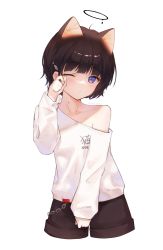 Rule 34 | 1girl, animal ears, bad id, bad pixiv id, black hair, black shorts, blue eyes, cat ears, chain, closed mouth, collarbone, commentary request, cropped legs, fish hair ornament, hair ornament, halo, hand up, highres, ichita (yixisama-shihaohaizhi), long sleeves, looking at viewer, melting halo, mole, mole on neck, off shoulder, original, puffy long sleeves, puffy sleeves, rubbing eyes, shirt, short hair, short shorts, shorts, simple background, sleeves past wrists, solo, twitter username, white background, white shirt