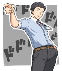 Rule 34 | 1boy, arm up, belt, belt buckle, black hair, black pants, blue shirt, brown belt, buckle, closed mouth, collared shirt, commentary request, dress shirt, grey background, highres, id card, lanyard, male focus, muu (mumumer), nijisanji, outline, pants, pointing, shirt, smile, solo, sway back, text background, translation request, two-tone background, virtual youtuber, white background, white outline, yashiro kizuku