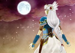 Rule 34 | 1girl, armor, armored dress, bad id, bad pixiv id, blue armor, braid, from behind, full moon, itoda (spica), lenneth valkyrie, long hair, low-braided long hair, low-tied long hair, moon, petals, silver hair, solo, valkyrie profile (series), very long hair