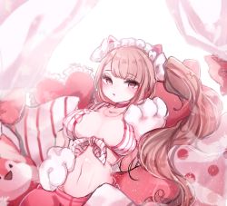 Rule 34 | 1girl, animal ears, animal hands, blush, breasts, brown eyes, brown hair, choker, collarbone, curtains, cushion, gloves, heart, heart-shaped pillow, jewelry, large breasts, long hair, looking at viewer, lying, maid headdress, navel, necklace, no bra, on back, open clothes, original, parted bangs, paw gloves, pillow, ponytail, scrunchie, shirt, side ponytail, striped clothes, striped shirt, tied shirt, upper body, wavy hair, yomi yojo