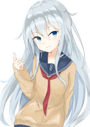 Rule 34 | 1girl, absurdres, blue eyes, blue sailor collar, collarbone, evening rabbit, floating hair, hair between eyes, head tilt, hibiki (kancolle), highres, index finger raised, kantai collection, long hair, long sleeves, looking at viewer, neckerchief, red neckerchief, sailor collar, school uniform, silver hair, simple background, smile, solo, sweater, upper body, very long hair, white background, yellow sweater