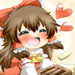 Rule 34 | 1girl, :d, ^ ^, blush, bow, box, brown eyes, chibi, closed eyes, detached sleeves, donation box, closed eyes, female focus, hair bow, hair tubes, hakurei reimu, happy, heart, japanese clothes, long hair, miko, open mouth, rebecca (keinelove), smile, solo, touhou